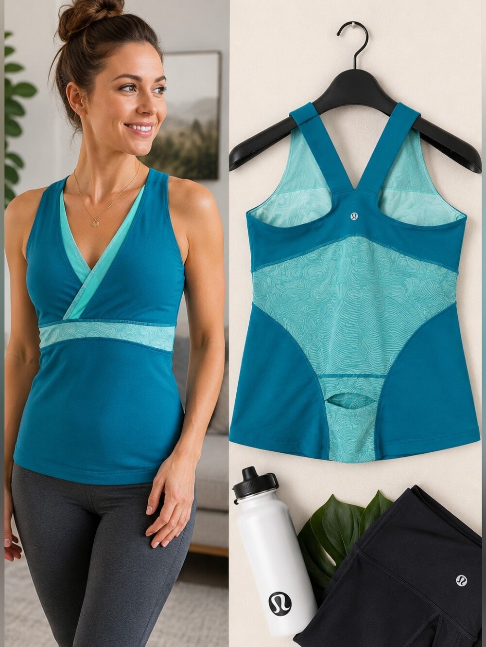 Lululemon Deep V Athletic Tank Teal Mesh Back Built-In Bra Size 10